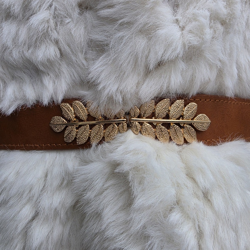 Brown Elastic Waist Belt Womens Gold Leaf Buckle Stretch Cincher Belt - Picture 2 of 6